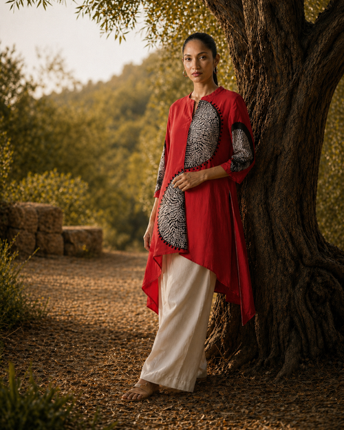 Sindoor red asymmetric kurta with black and white bandhani roundels