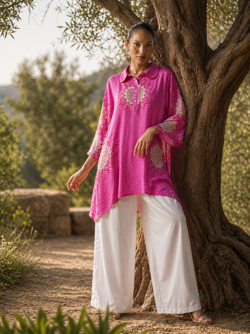 Hot pink bandhani shirt kurta with yellow embroidered yoke