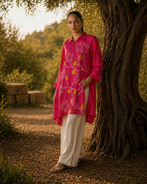 Hot pink Kutchi bandhani shirt kurta with yellow leaves