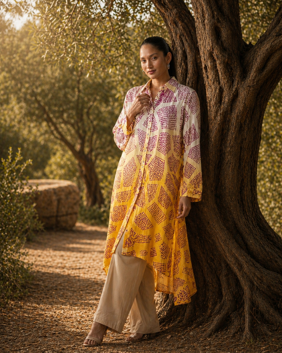 Haldi yellow ombré bandhani shirt kurta with wine print