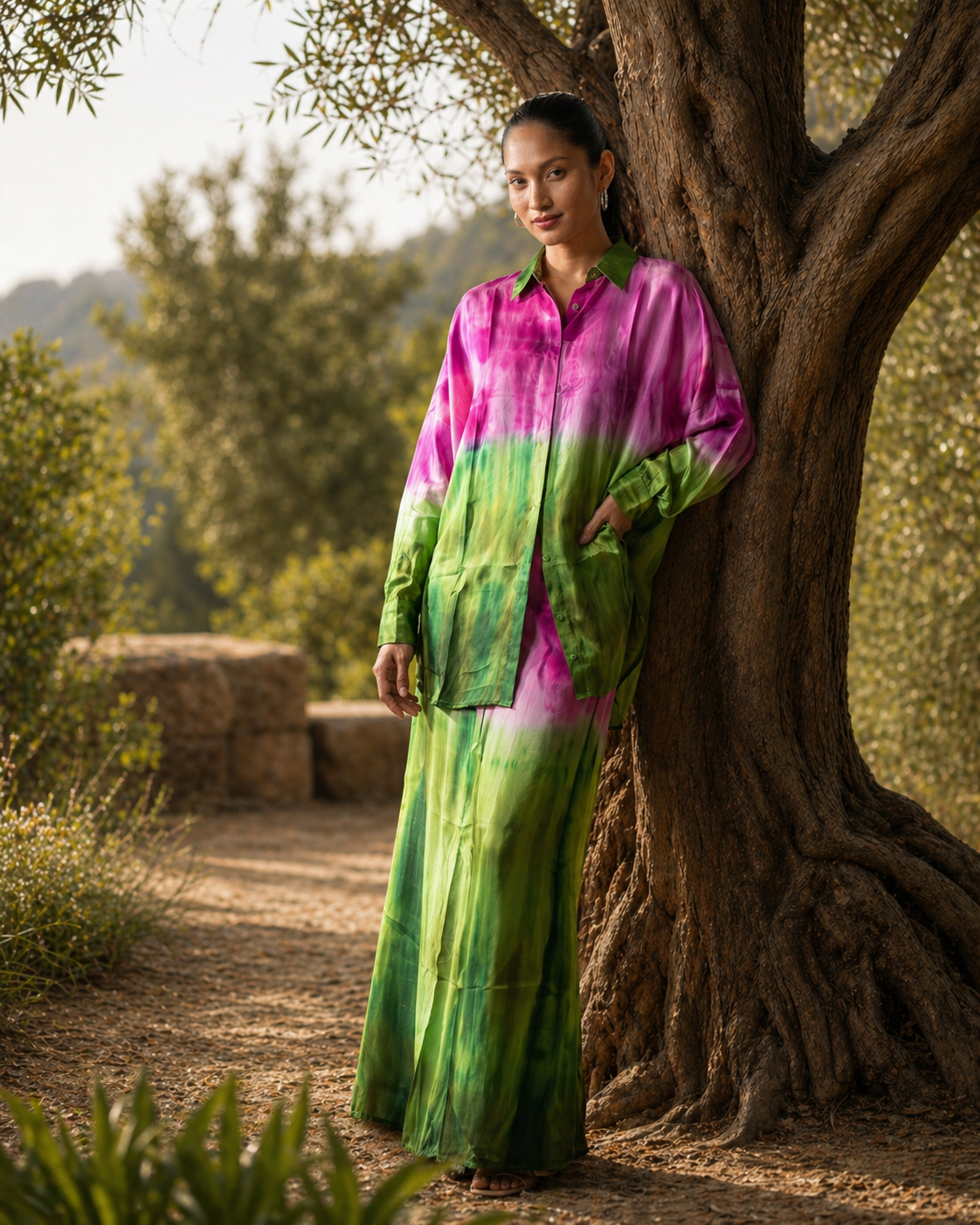 Magenta and green shibori tie-dye co-ord set on model