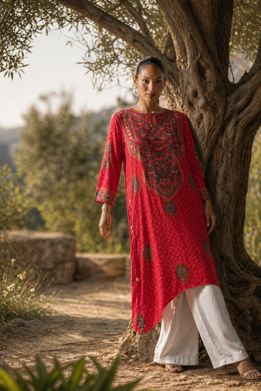 Red bandhani kurta with green and gold mughal-style embroidered yoke