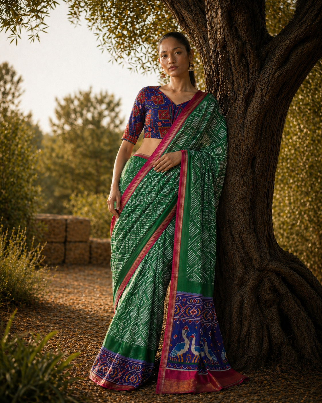 Forest green patola silk saree with peacock pallu and contrast blouse