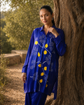 Royal blue bandhani co-ord set with yellow leaf motifs