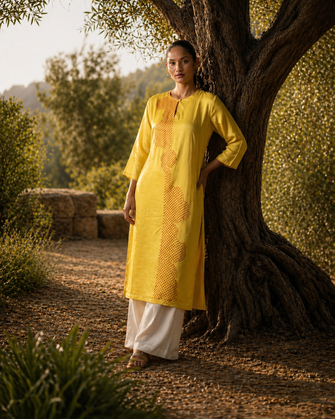 Mustard yellow mulmul kurta with bandhani side panel